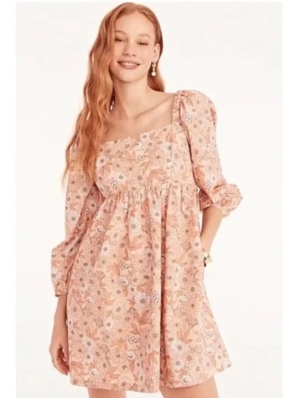 J.CREW Peach Zinnia Floral Print Squareneck Cotton Poplin Women's Dress Medium